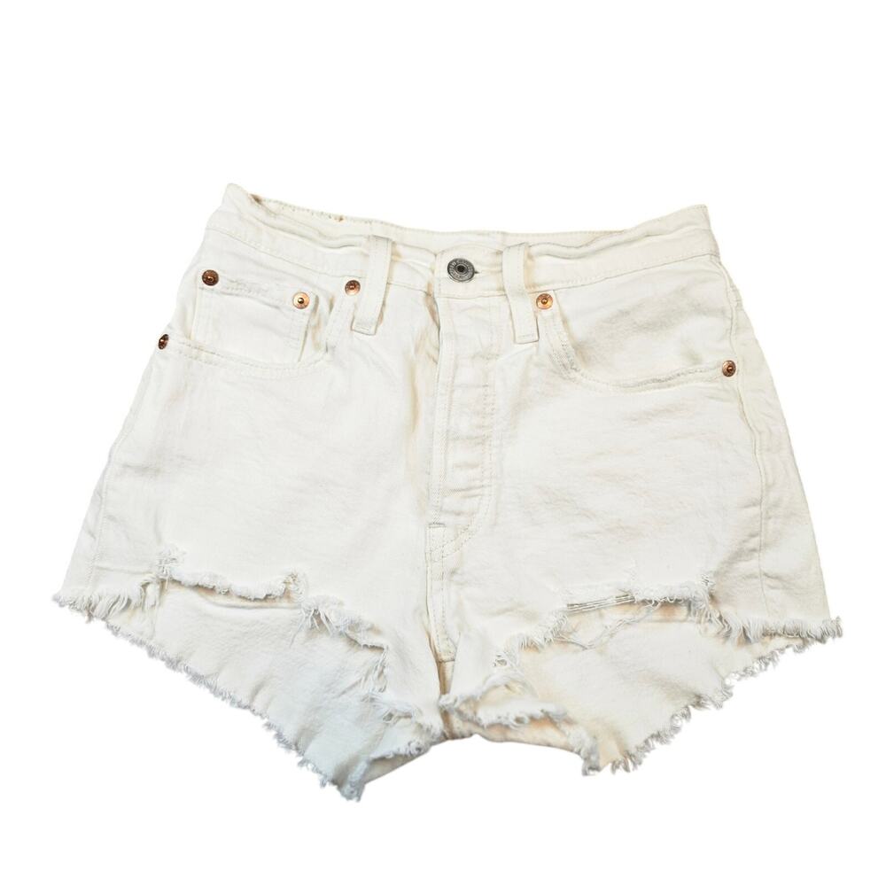 Levi’s 501 Shorts Womens 24 White Denim High Rise Distressed Raw Hem Button Fly